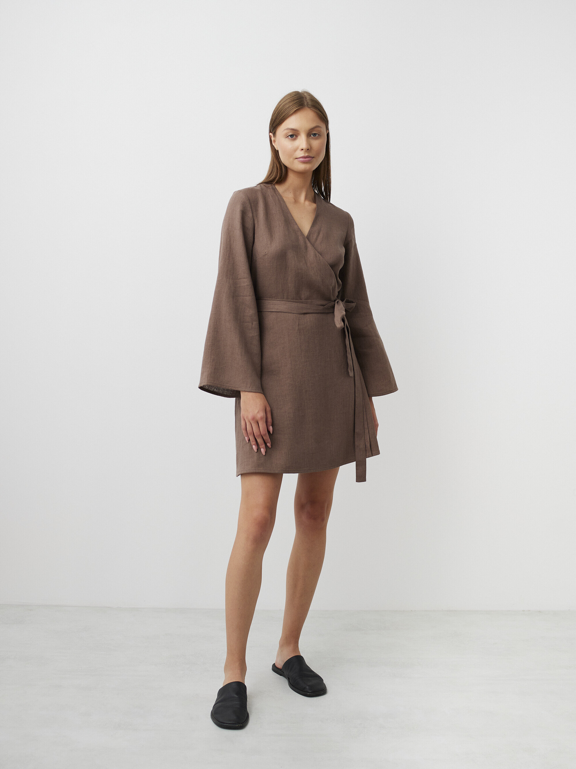 Image 2 of LYDIA Long Sleeve Linen Wrap Dress in Cocoa from Love and Confuse