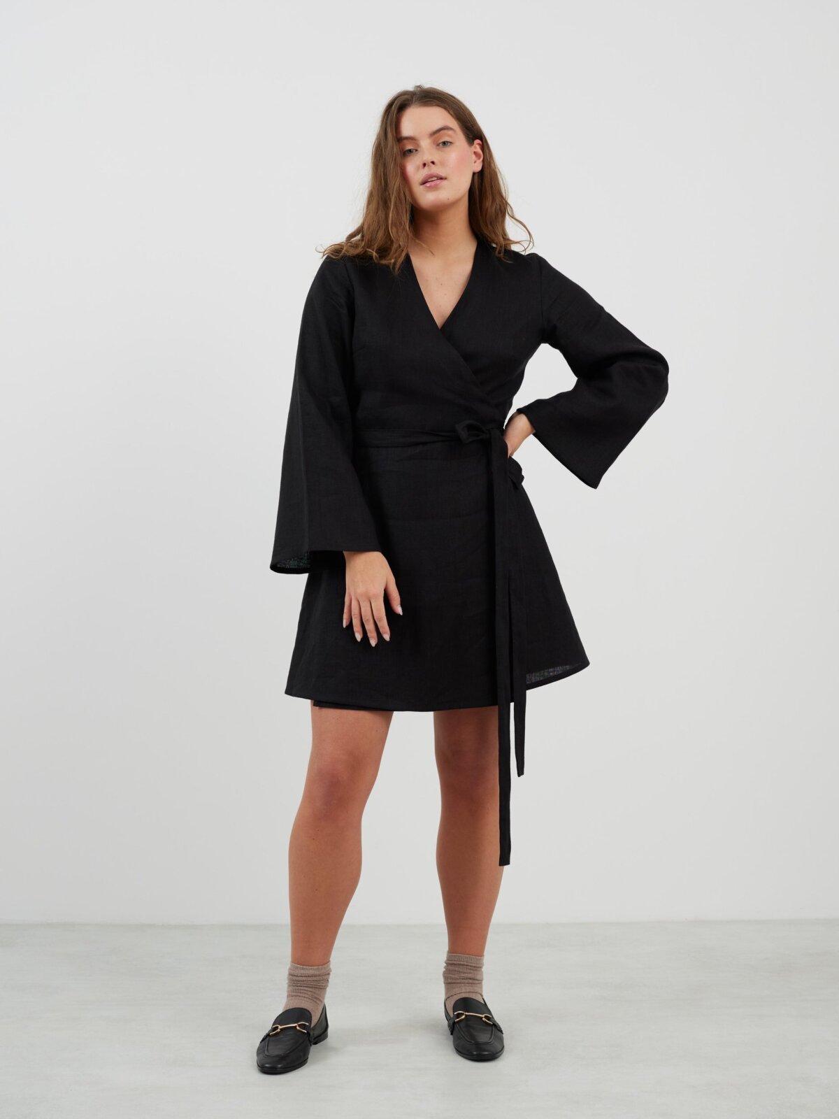 Image 5 of LYDIA Long Sleeve Mini Linen Dress in Black from Love and Confuse