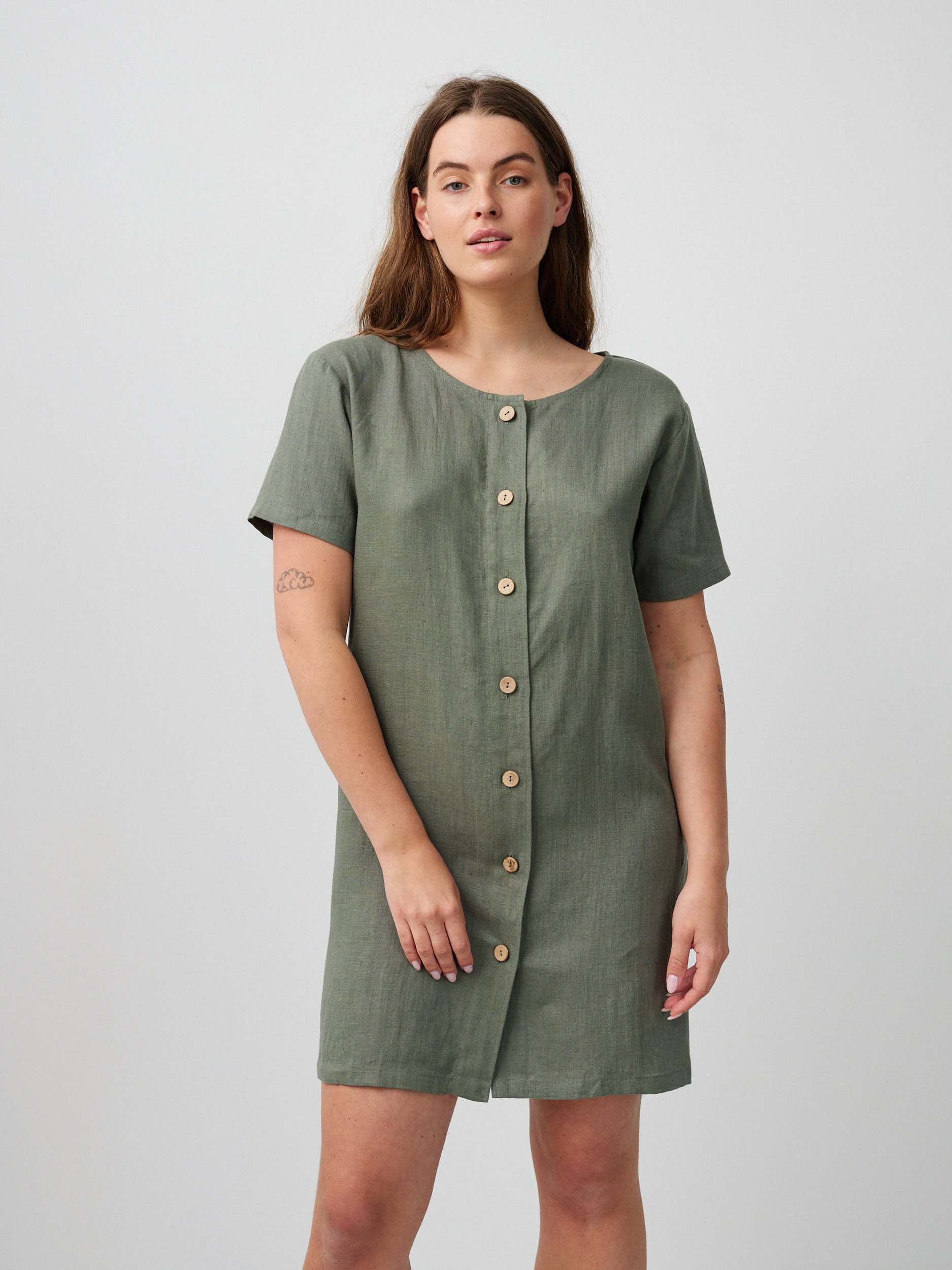 Image 1 of LYRA Button Down Short Linen Dress in Sage Green from Love and Confuse