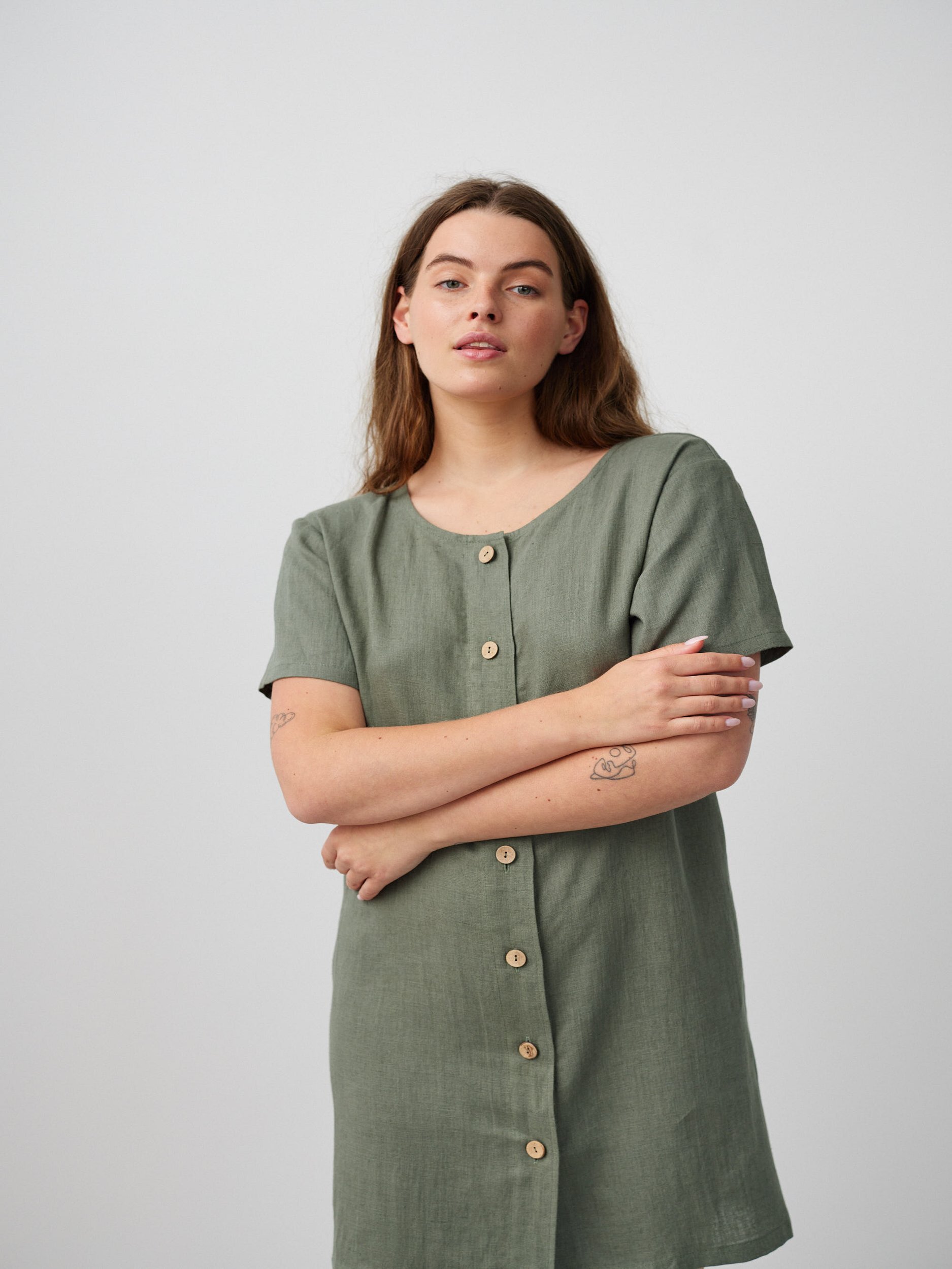 Image 3 of LYRA Button Down Short Linen Dress in Sage Green from Love and Confuse