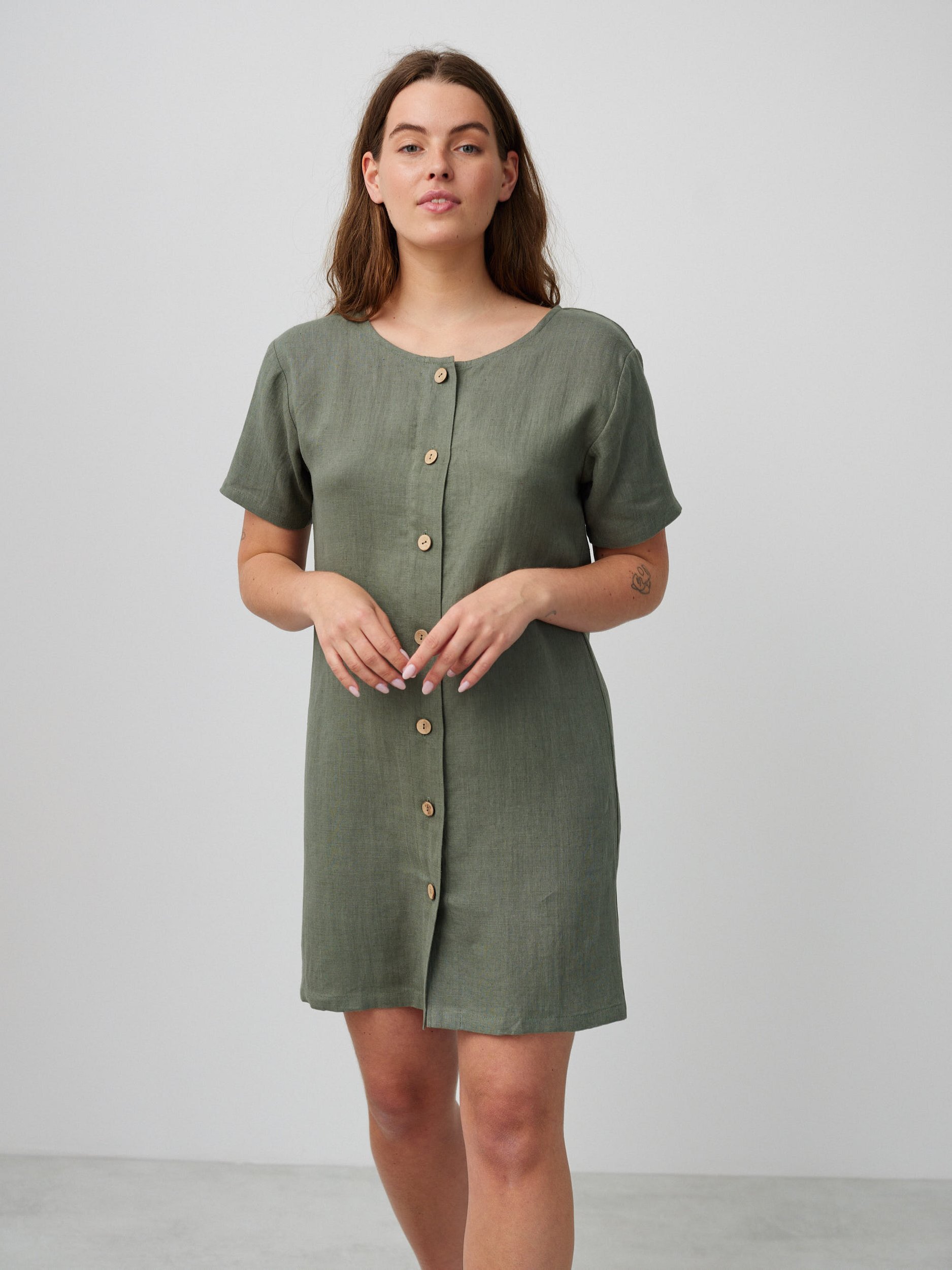 Image 5 of LYRA Button Down Short Linen Dress in Sage Green from Love and Confuse
