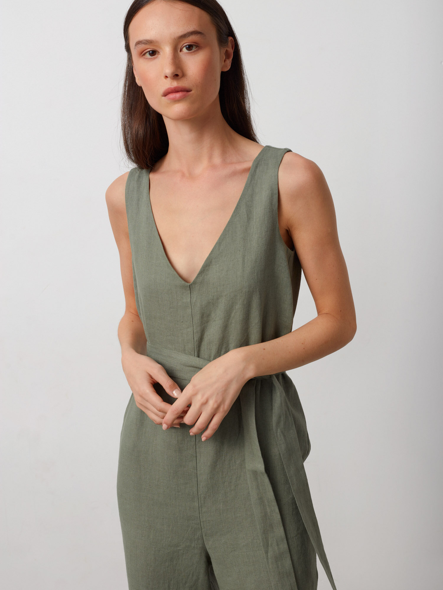 Image 1 of MADELINE Sleeveless Linen Jumpsuit in Sage Green from Love and Confuse