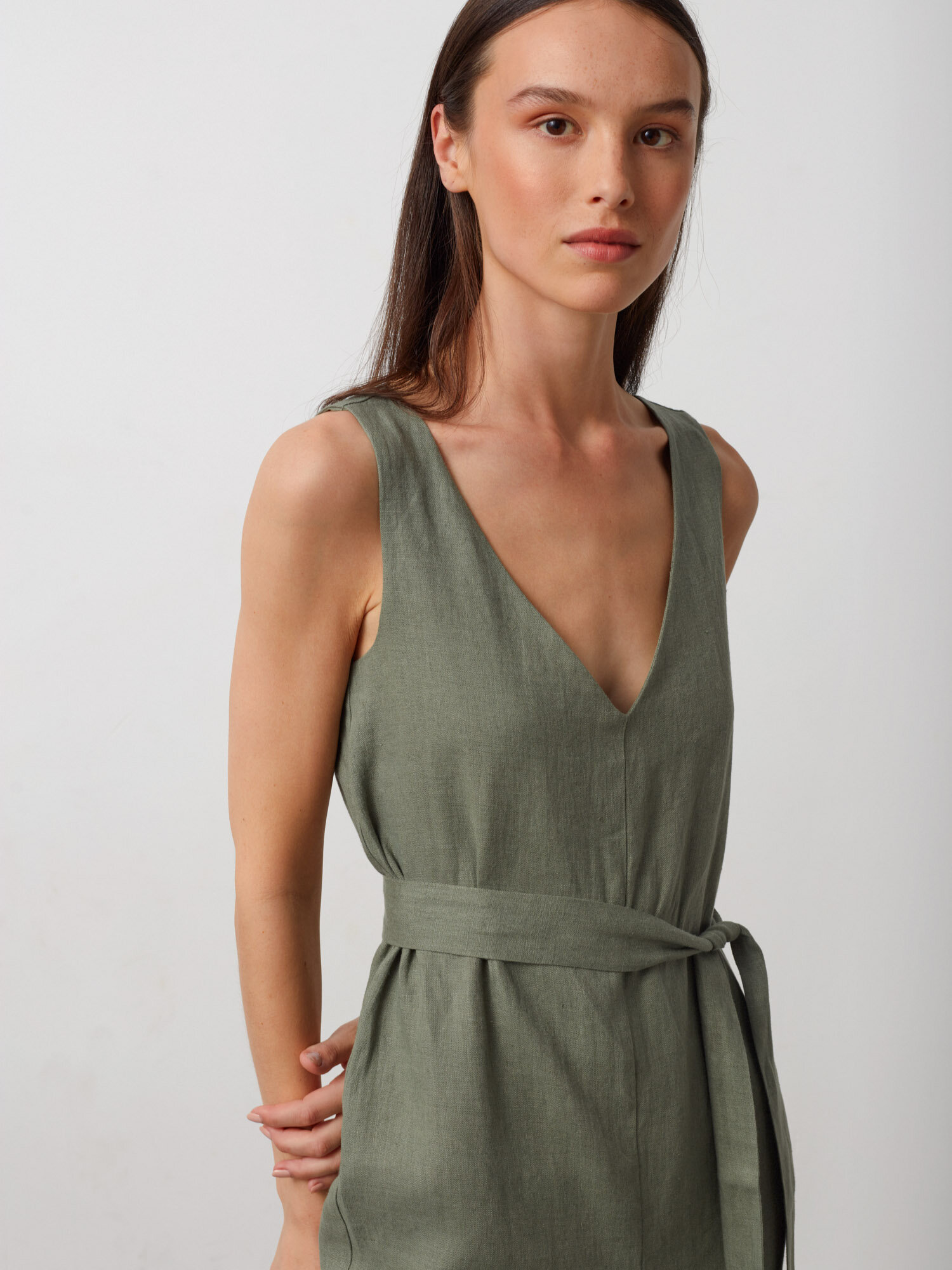 Image 4 of MADELINE Sleeveless Linen Jumpsuit in Sage Green from Love and Confuse