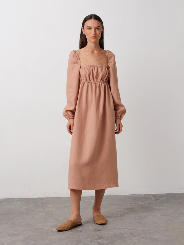 MARGOT Square Neck Puff Sleeve Linen Midi Dress