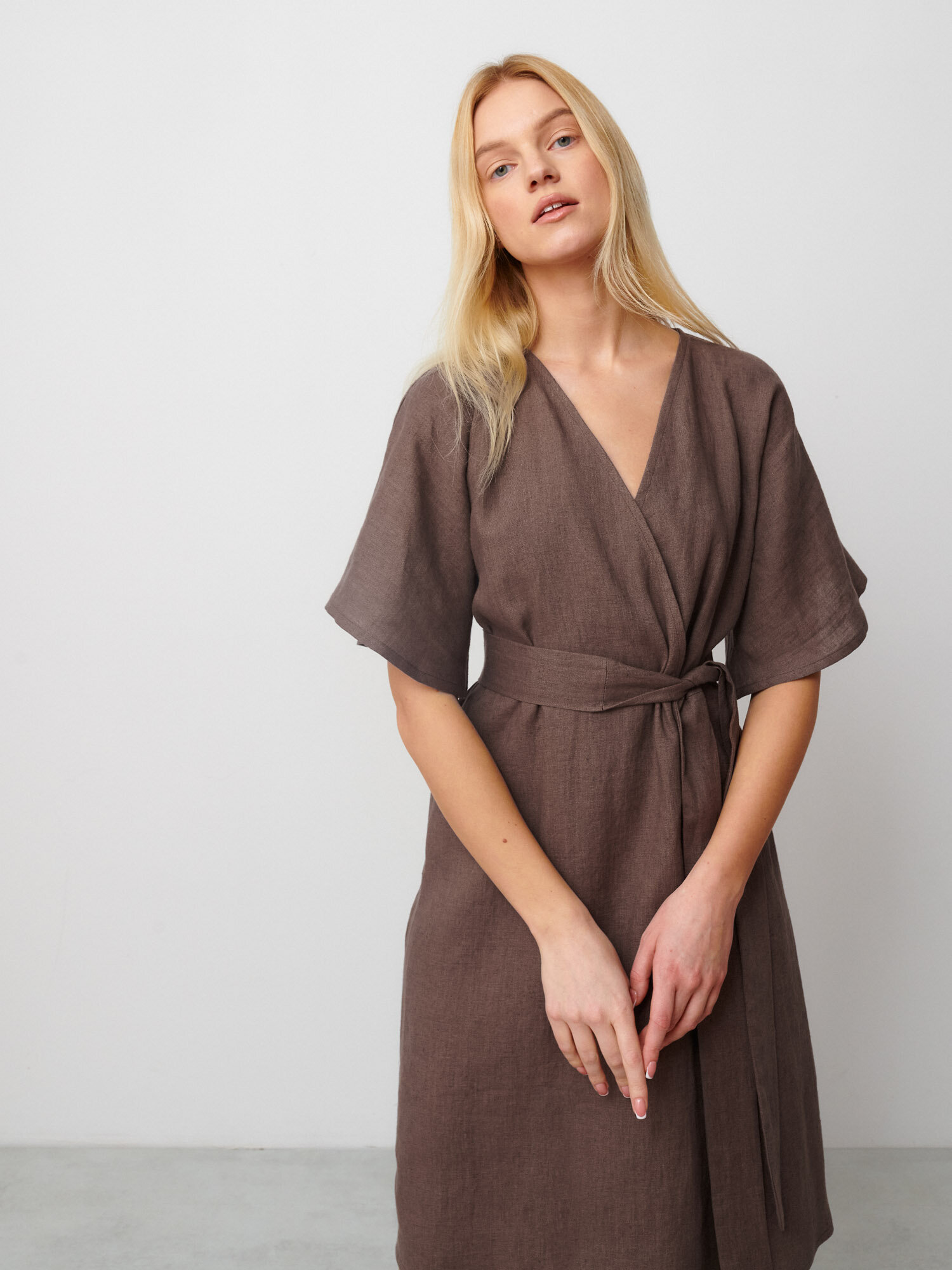 Image 1 of MARY Linen Wrap Dress in Cocoa from Love and Confuse