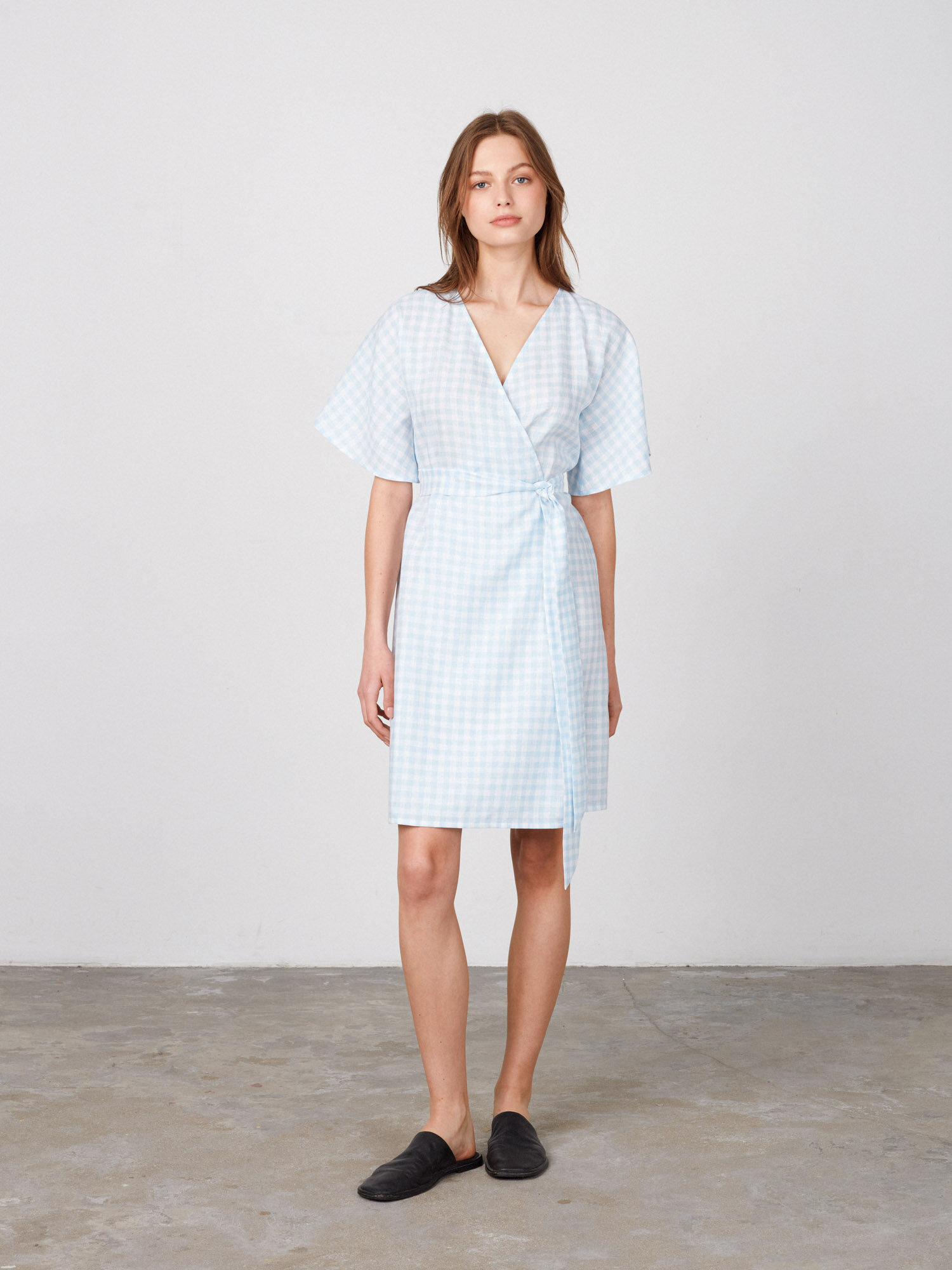 Image 1 of MARY Linen Wrap Dress in Light Blue Gingham from Love and Confuse