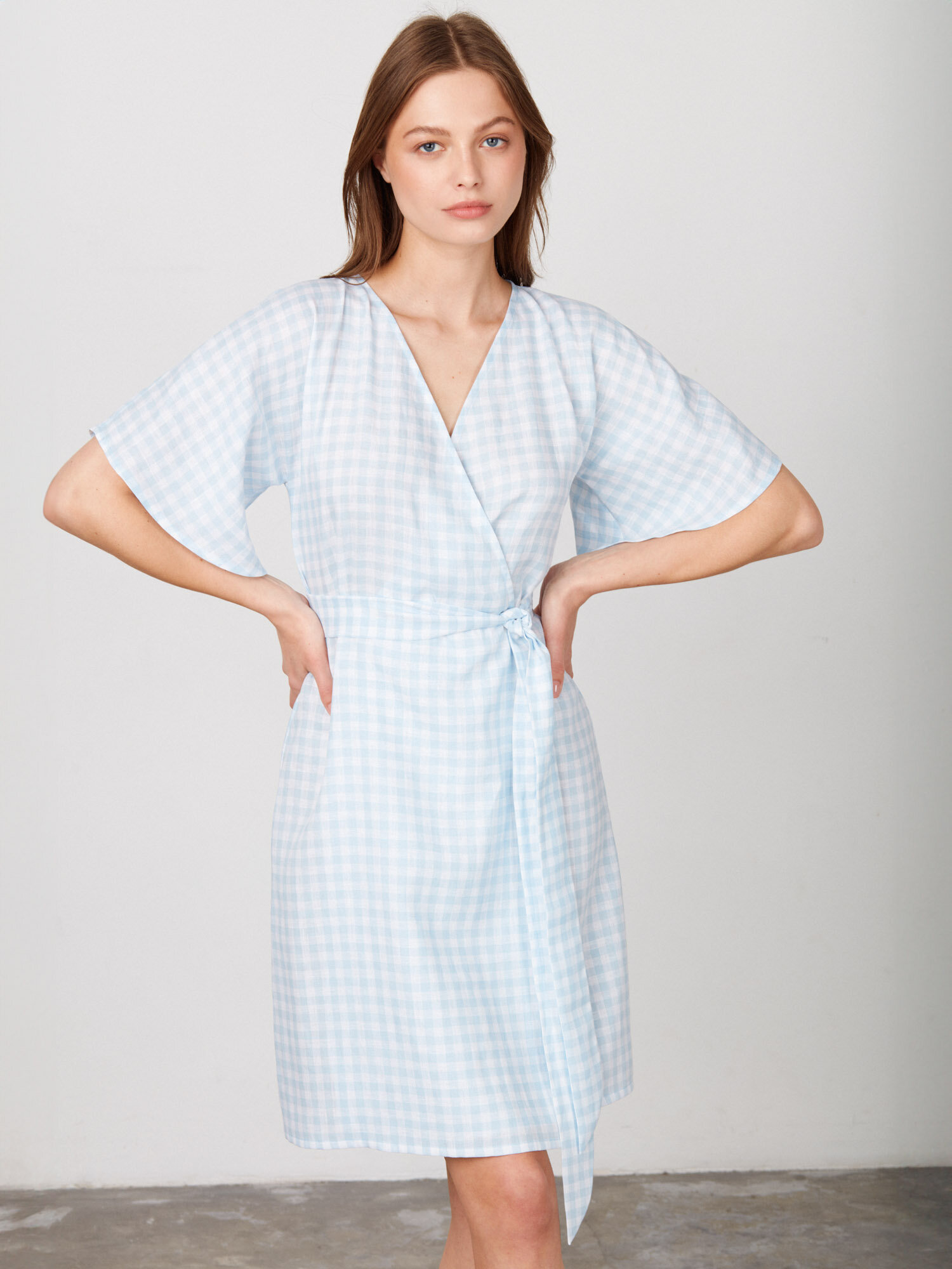 Image 2 of MARY Linen Wrap Dress in Light Blue Gingham from Love and Confuse