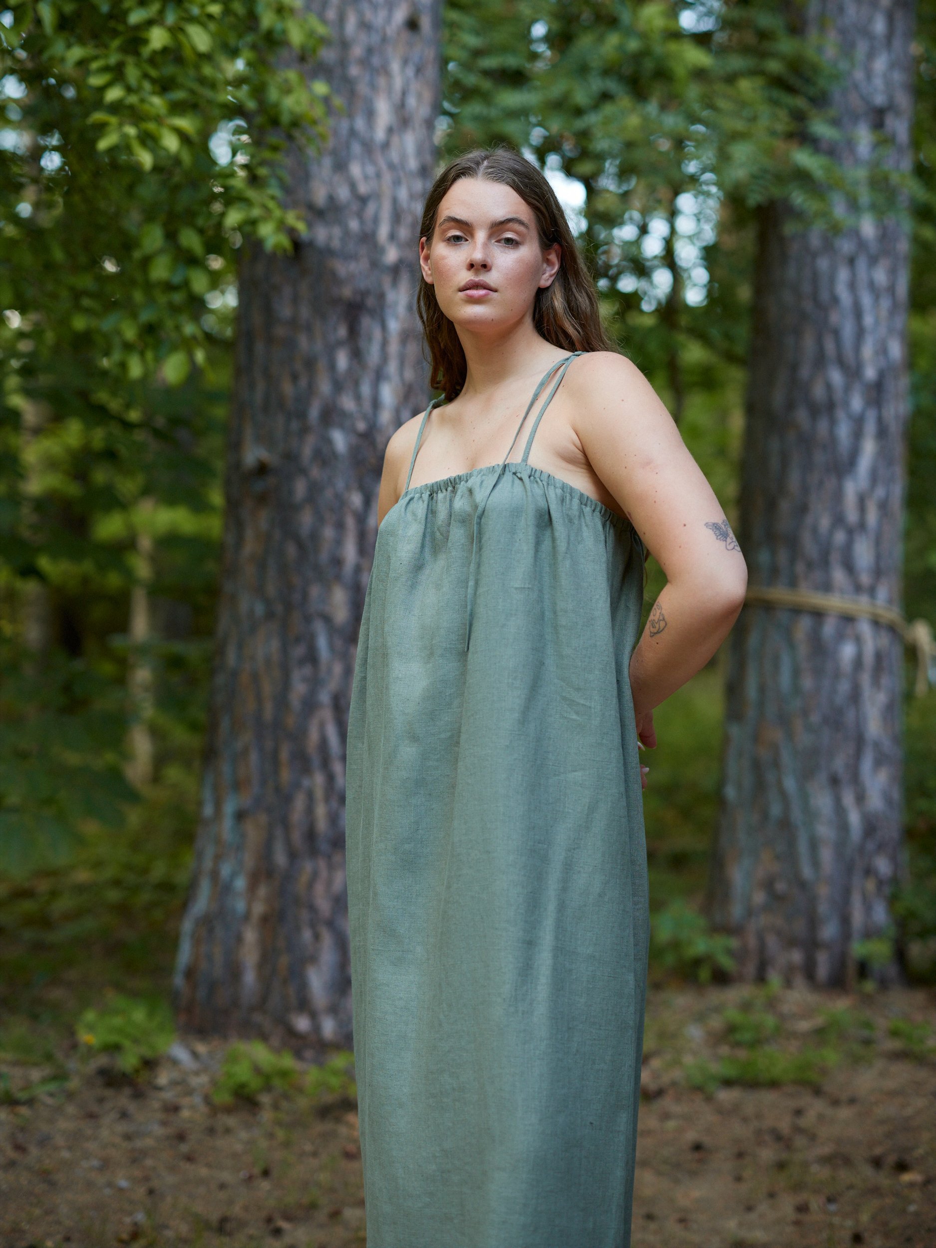 Image 3 of MINT Linen Tie Shoulder Dress in Sage Green from Love and Confuse
