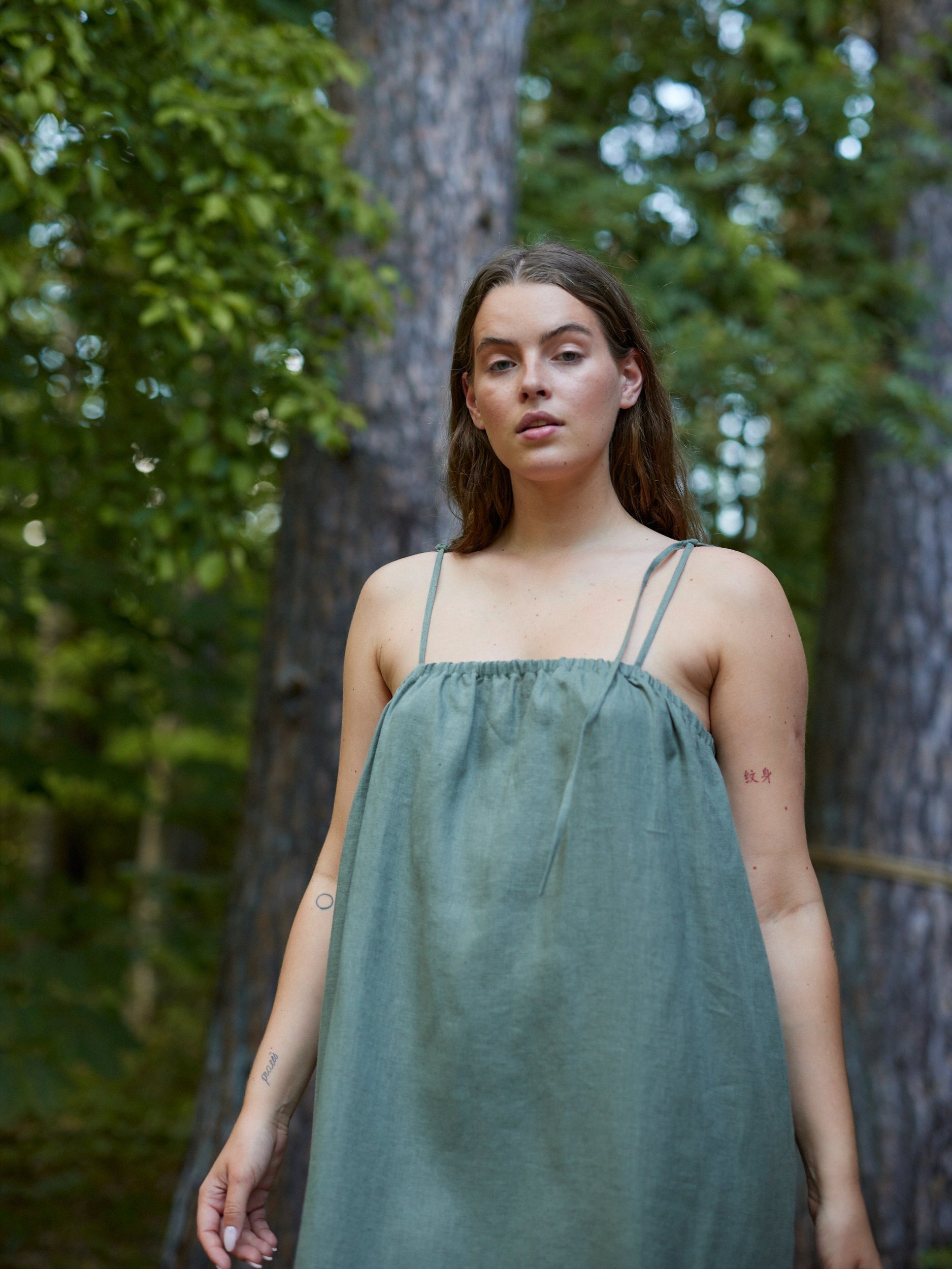 Image 4 of MINT Linen Tie Shoulder Dress in Sage Green from Love and Confuse
