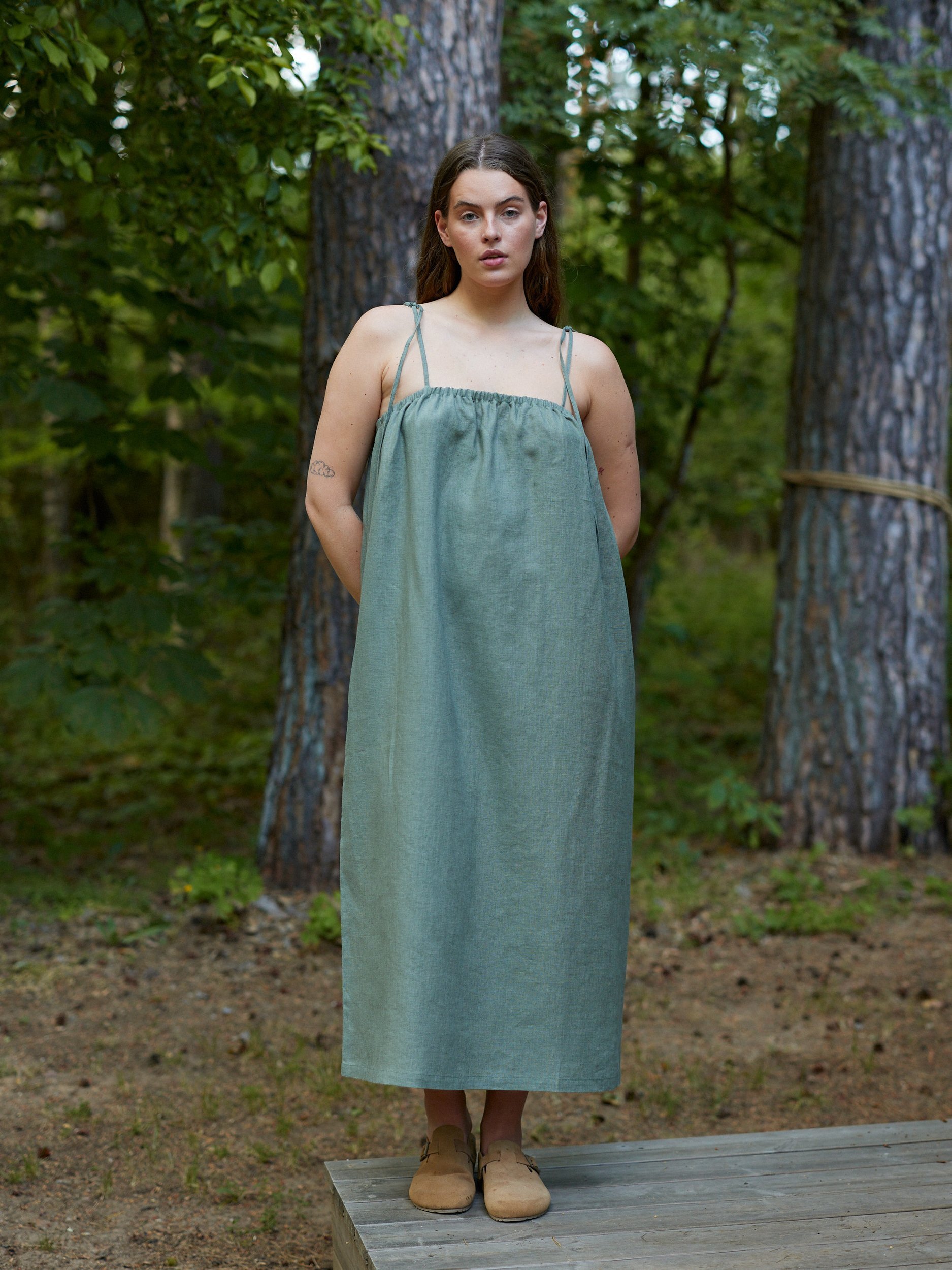 Image 5 of MINT Linen Tie Shoulder Dress in Sage Green from Love and Confuse