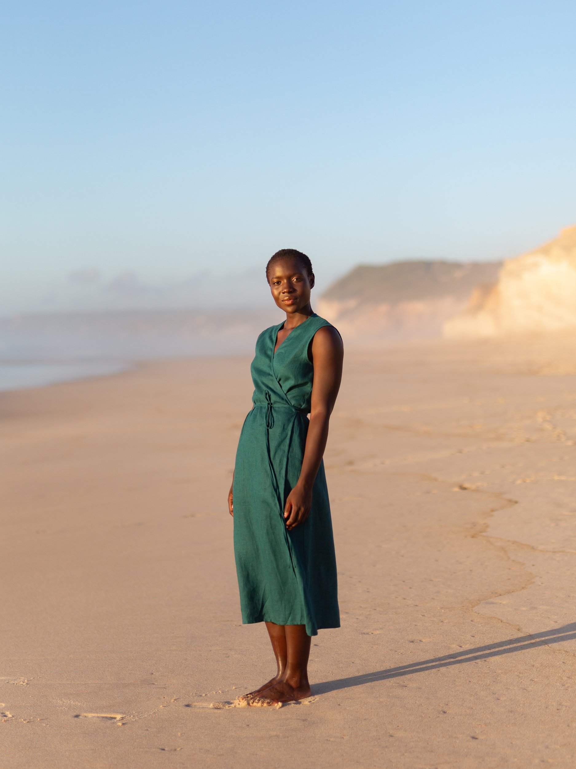 Image 3 of PIA Linen Midi Wrap Dress in Emerald Blue from Love and Confuse