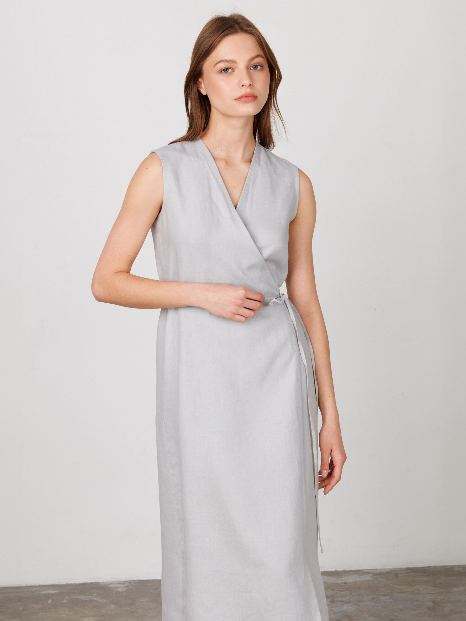 Image 1 of PIA Sleeveless Linen Wrap Dress in Cloudy Grey from Love and Confuse