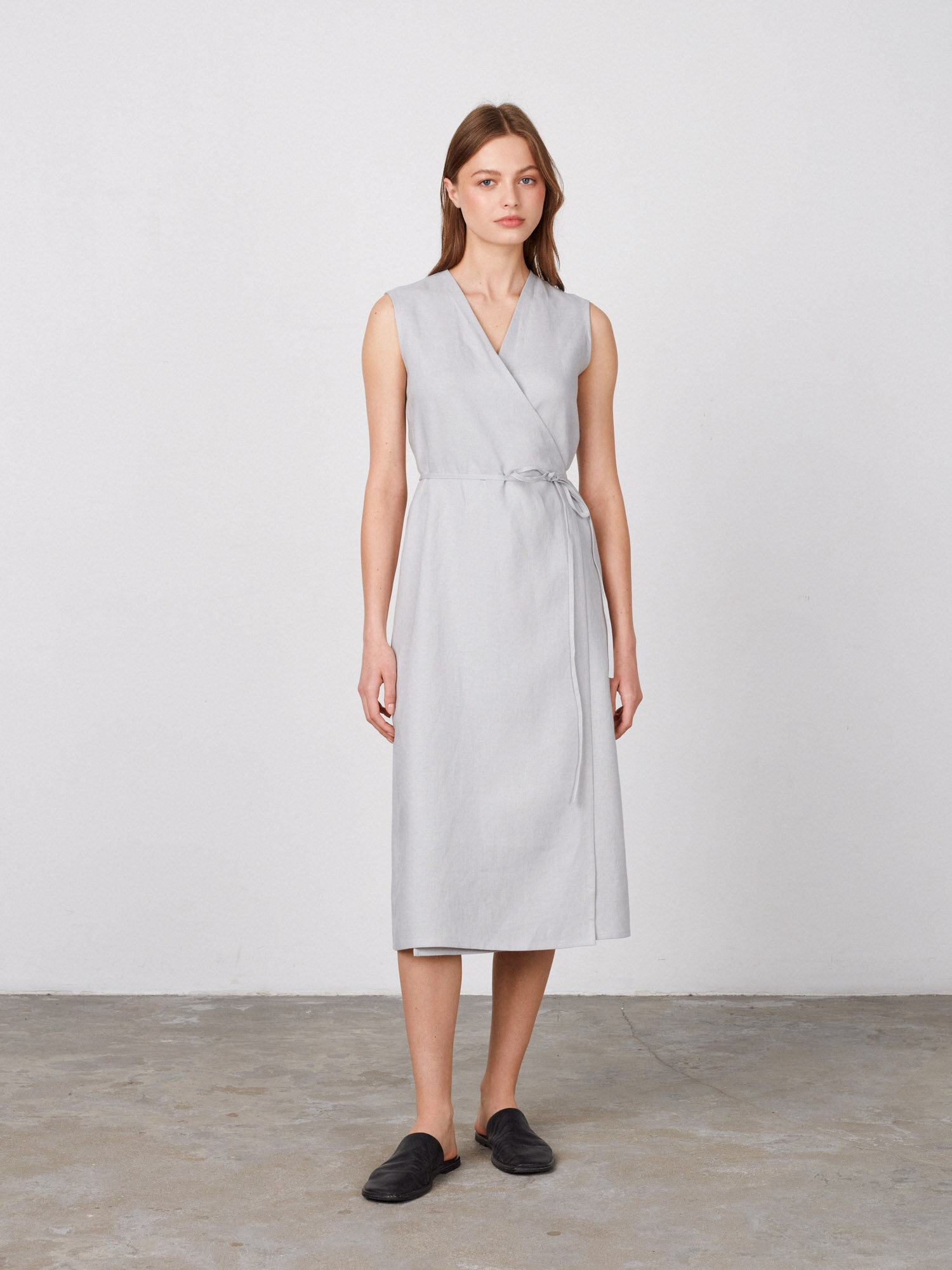 Image 2 of PIA Sleeveless Linen Wrap Dress in Cloudy Grey from Love and Confuse