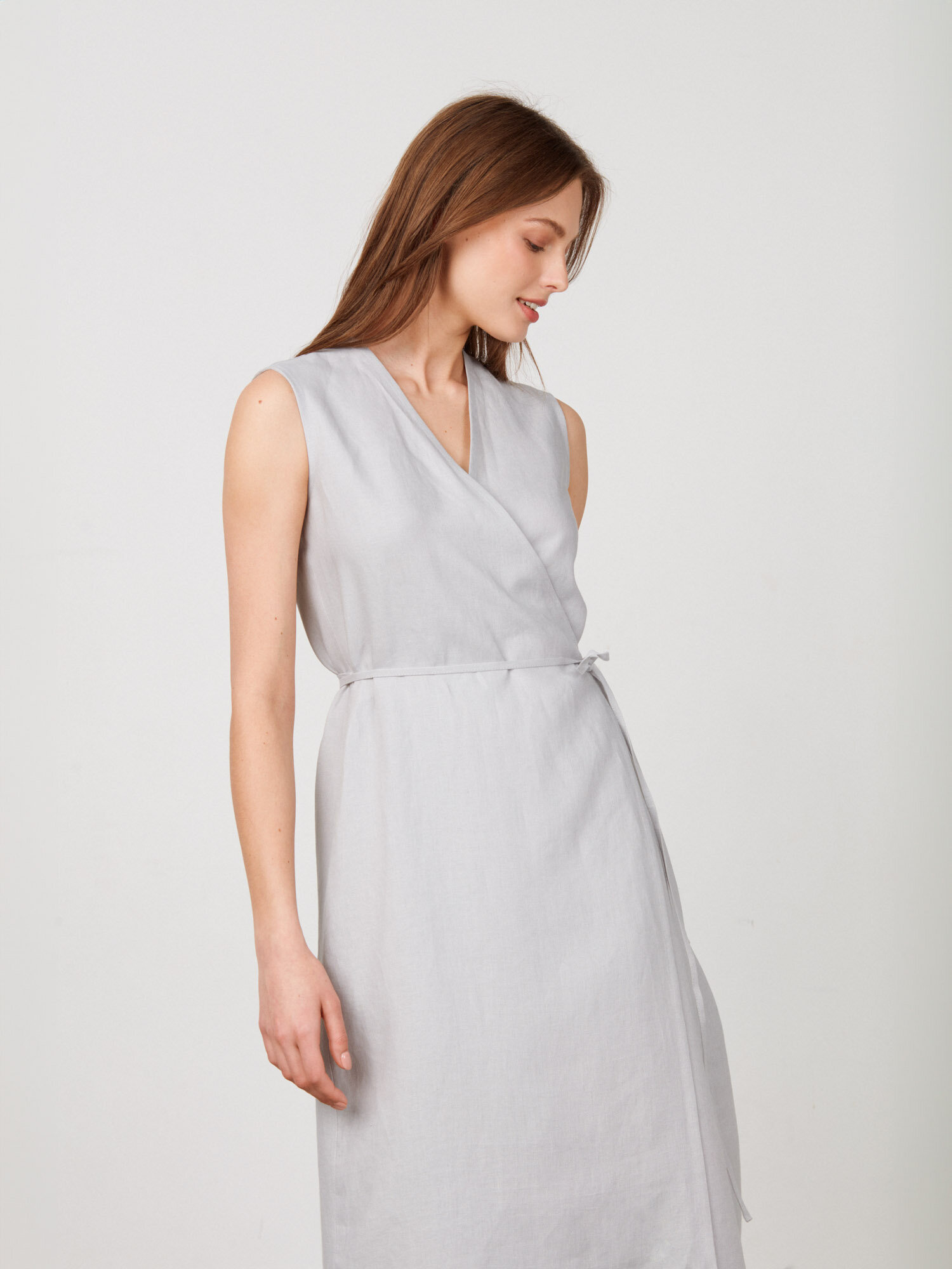 Image 4 of PIA Sleeveless Linen Wrap Dress in Cloudy Grey from Love and Confuse