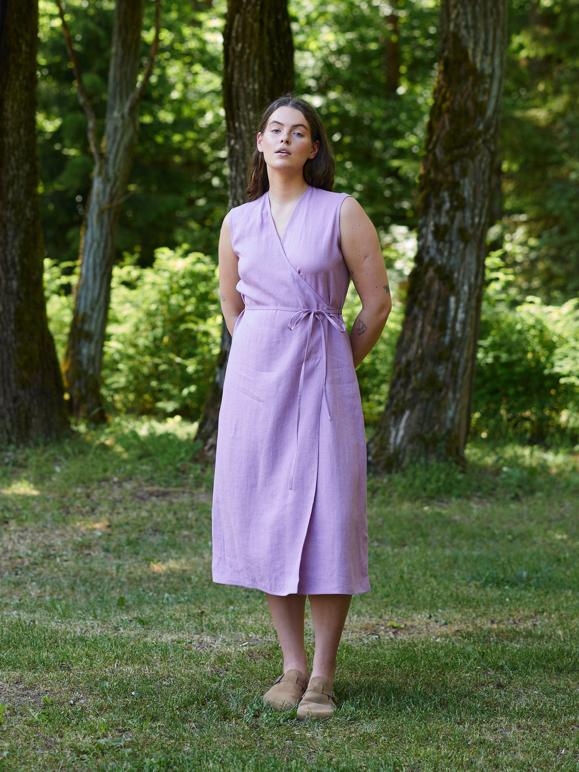 Image 2 of PIA Tie Waist Linen Midi Dress in Radiant Orchid from Love and Confuse