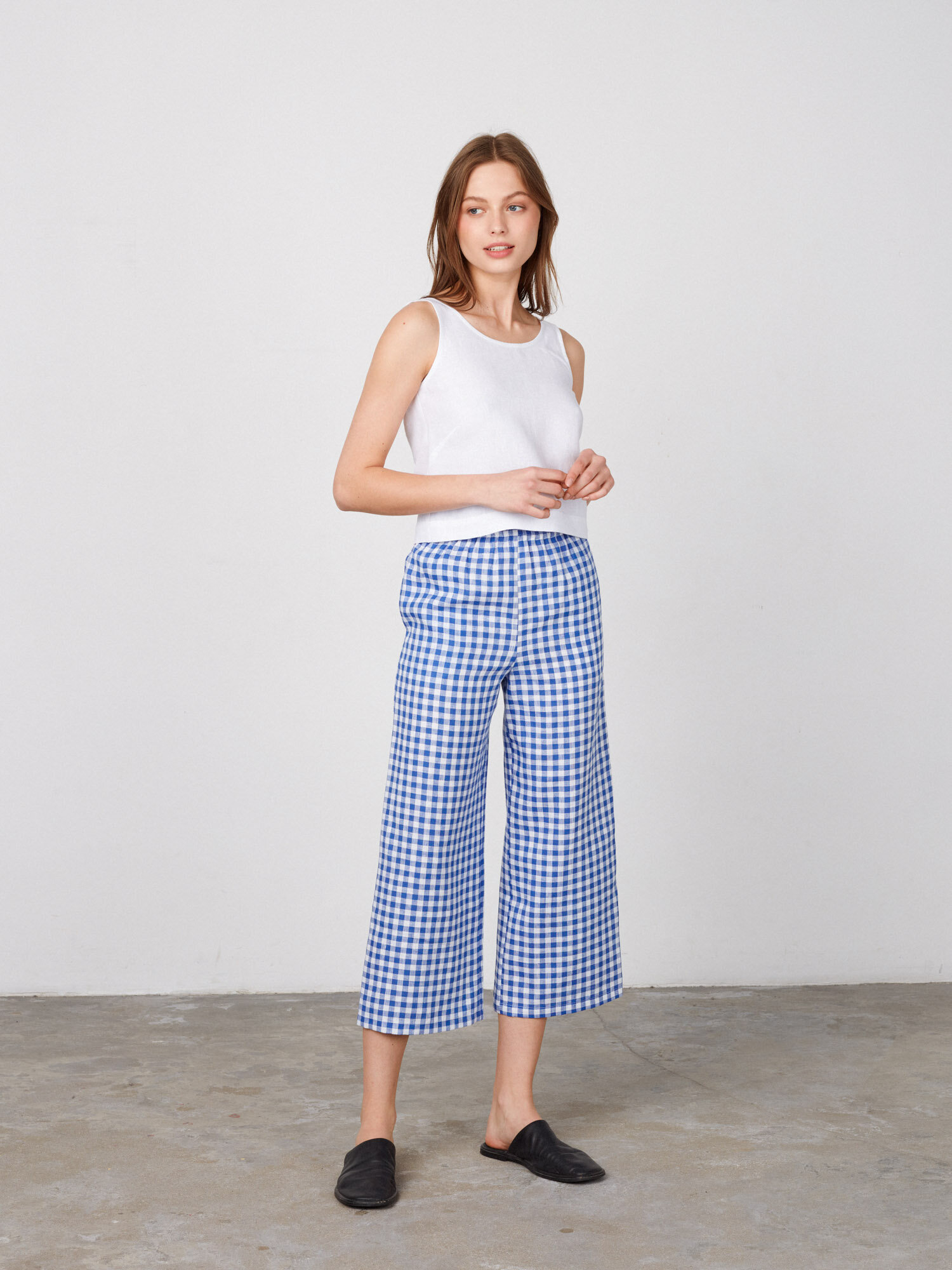 Image 1 of RILEY Wide Leg Linen Pants in Blue Gingham from Love and Confuse