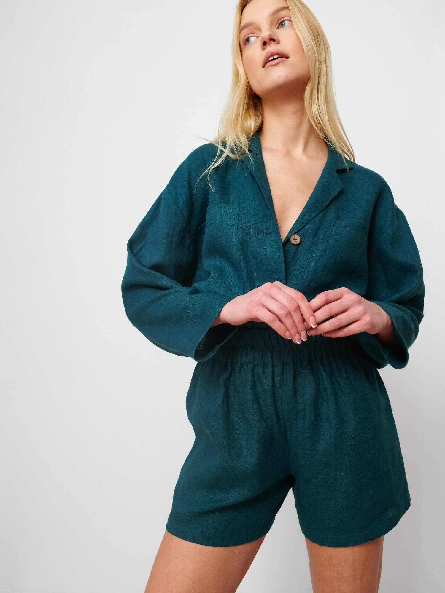 Image 1 of ROSEMARY Linen Shirt in Emerald Blue from Love and Confuse