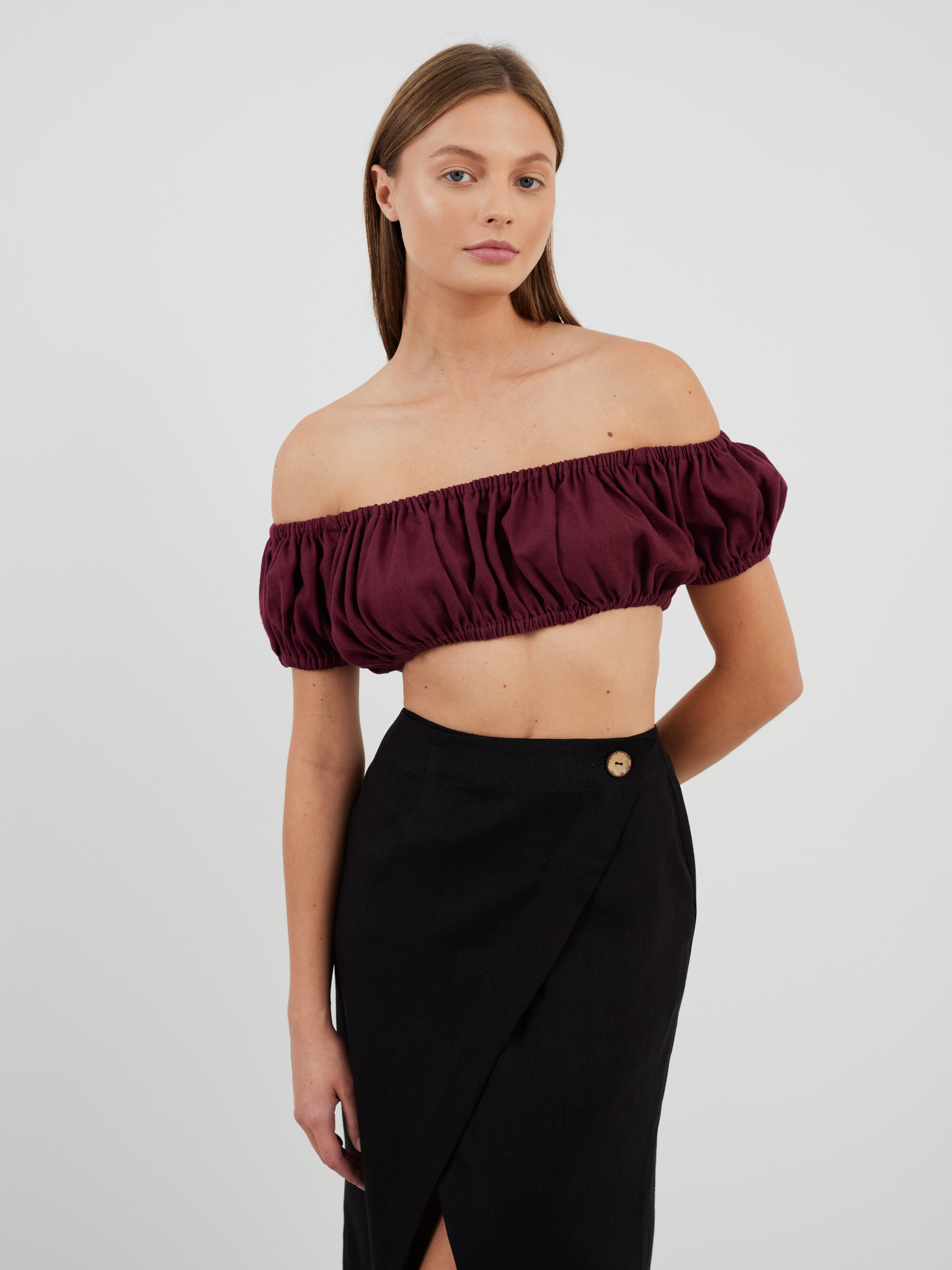 Image 1 of VALENTINA Linen Off Shoulder Crop Top in Eggplant from Love and Confuse
