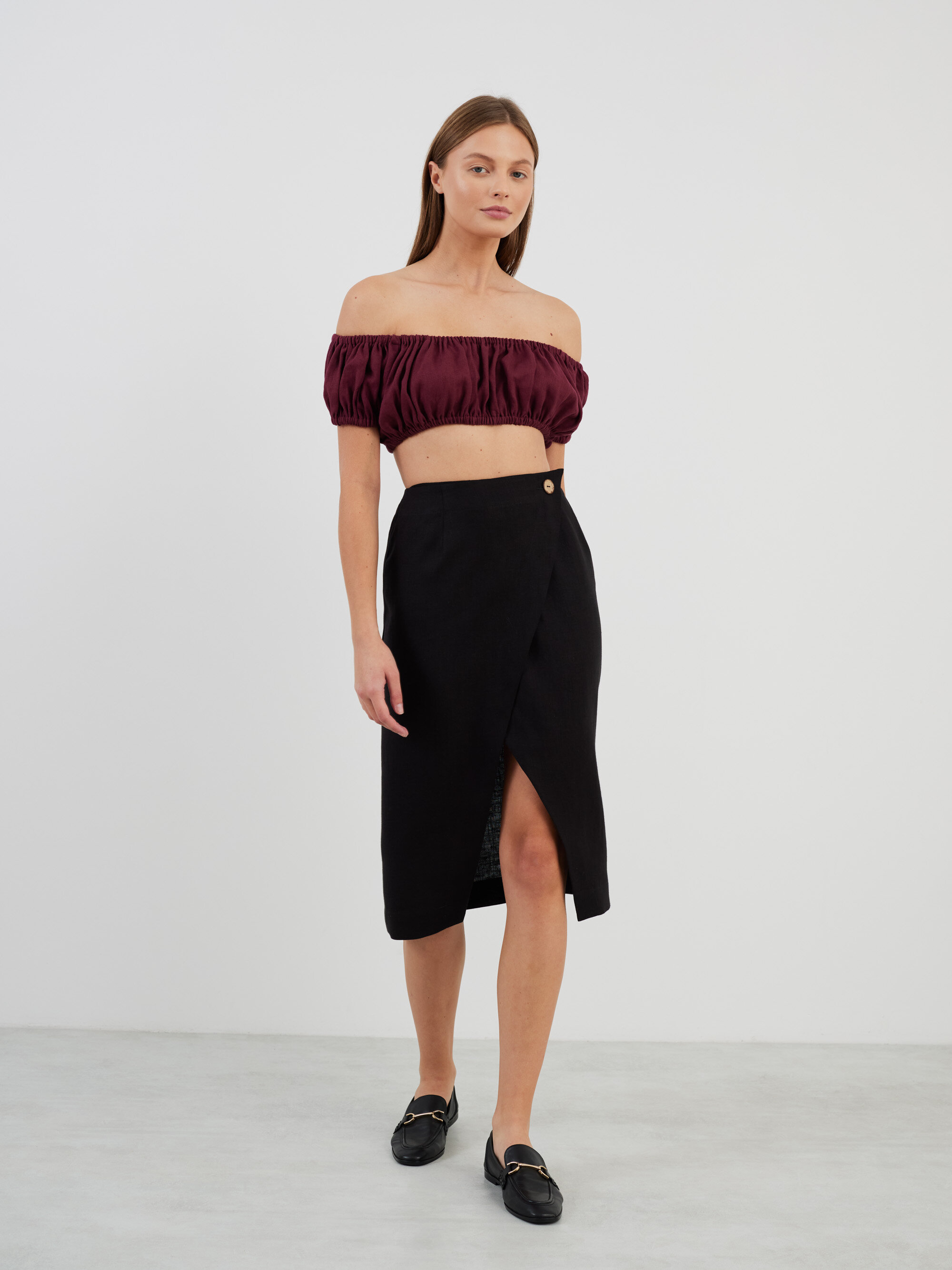 Image 2 of VALENTINA Linen Off Shoulder Crop Top in Eggplant from Love and Confuse
