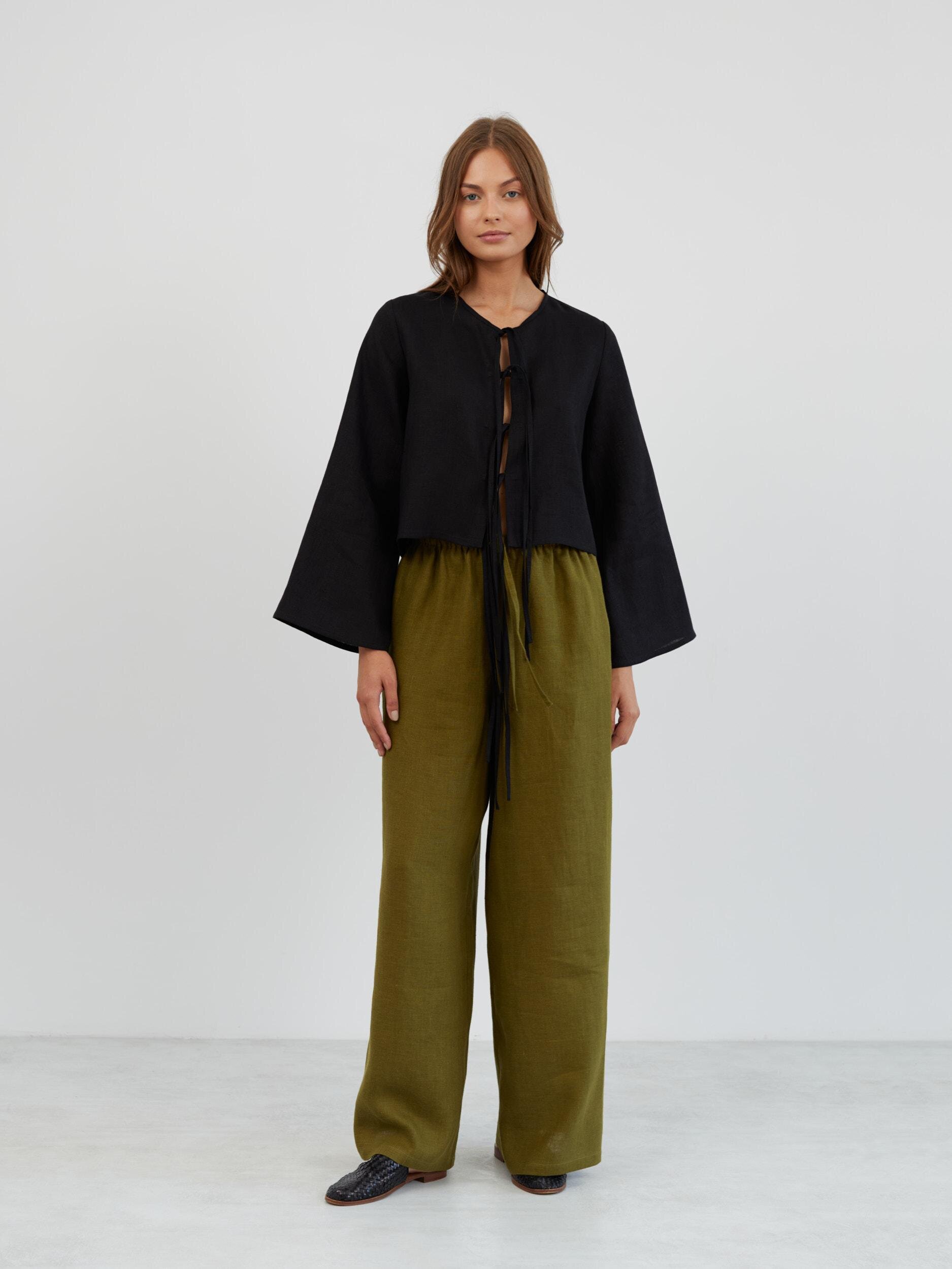 Image 1 of Linen Wide Leg Drawstring Pants in Moss Green LUCAS from Love and Confuse | Handmade Linen Clothing for Women