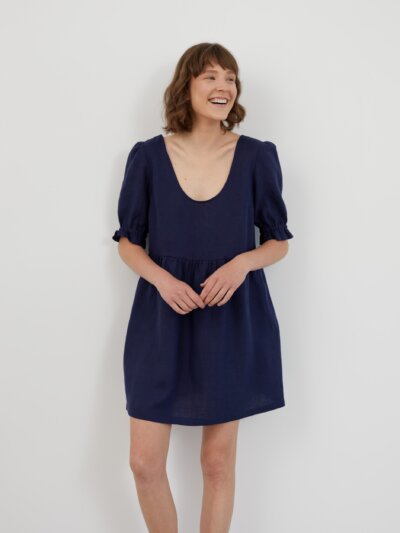 ZAHARA Scoop Neck Babydoll Linen Mini Dress